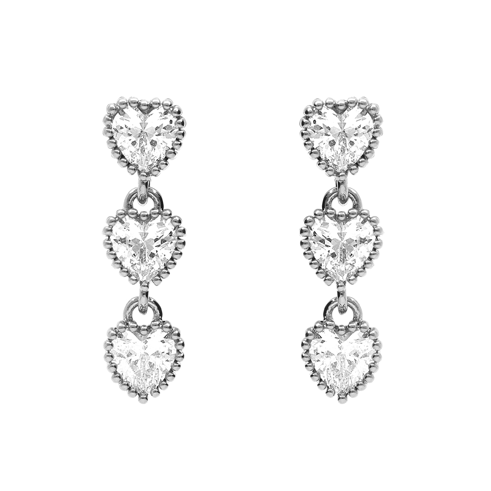 Boucles d\'oreille tige en argent rhodi� pendante 3 coeurs oxydes blancs - Vue 1
