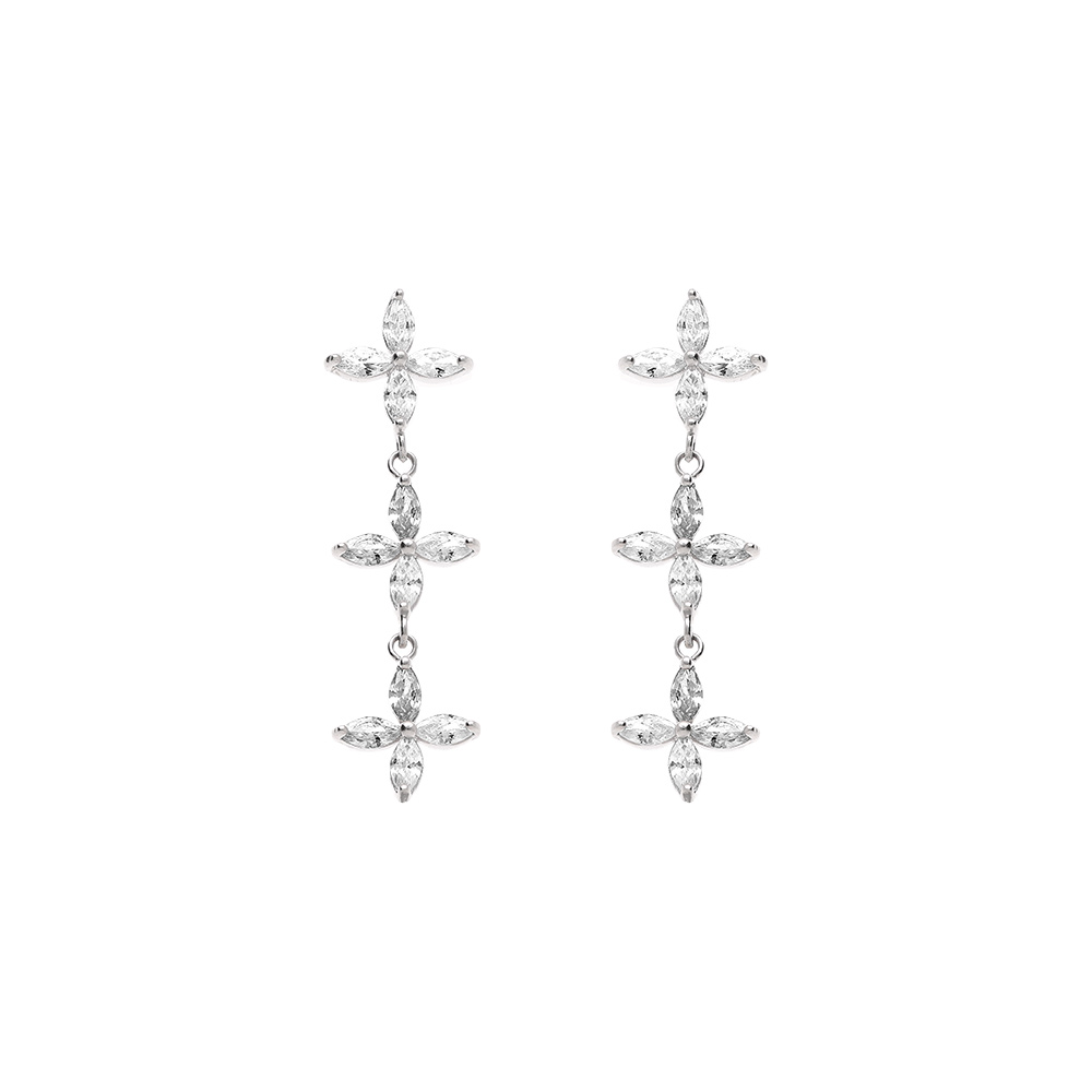 Boucles d\'oreille tige en argent rhodi� pendante 3 fleurs oxydes blancs - Vue 1