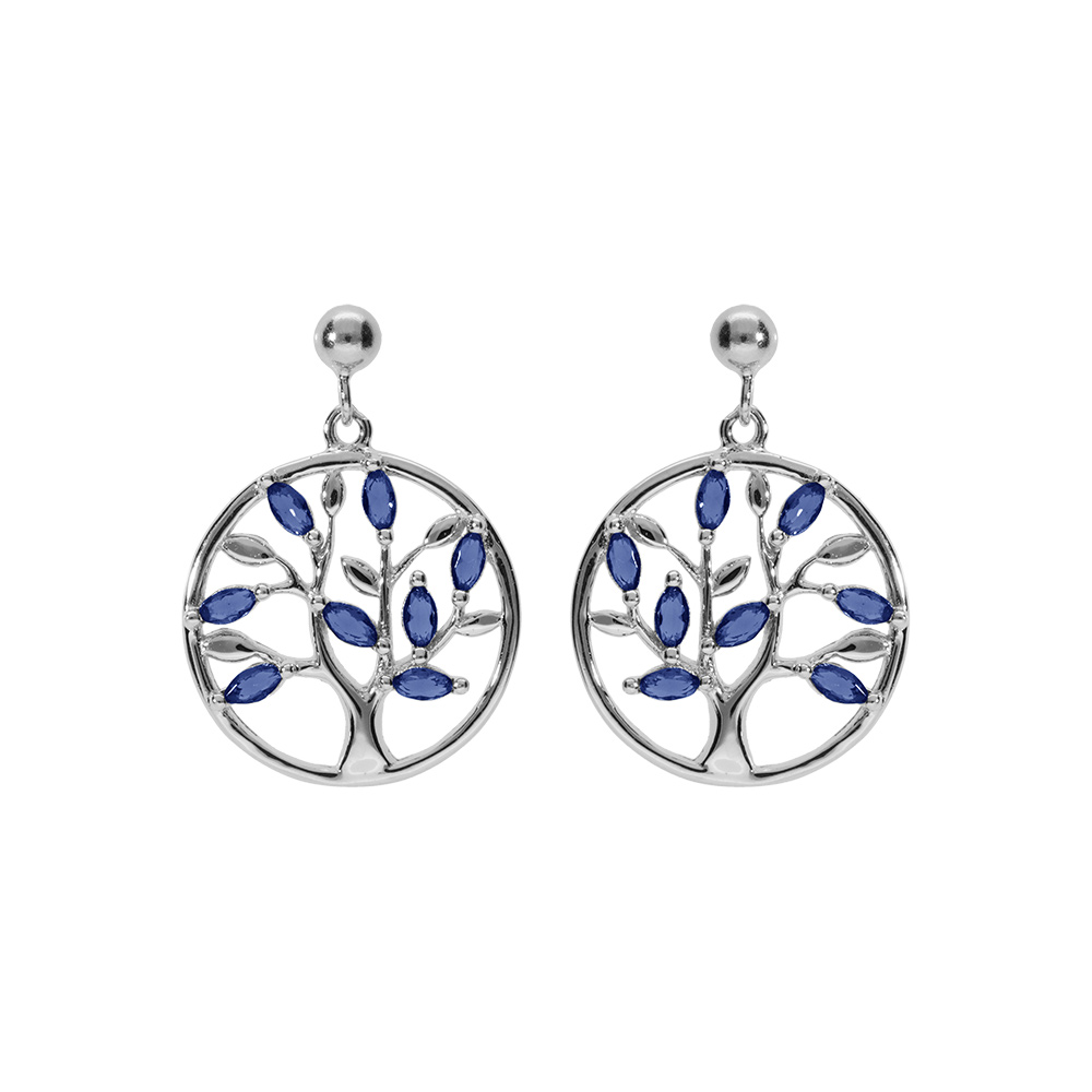 Boucles d\'oreille tige en argent rhodi� pendante motif cercle arbre de vie avec oxydes bleus - Vue 1