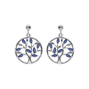 Boucles d\'oreille tige en argent rhodi pendante motif cercle arbre de vie avec oxydes bleus - Vue 1