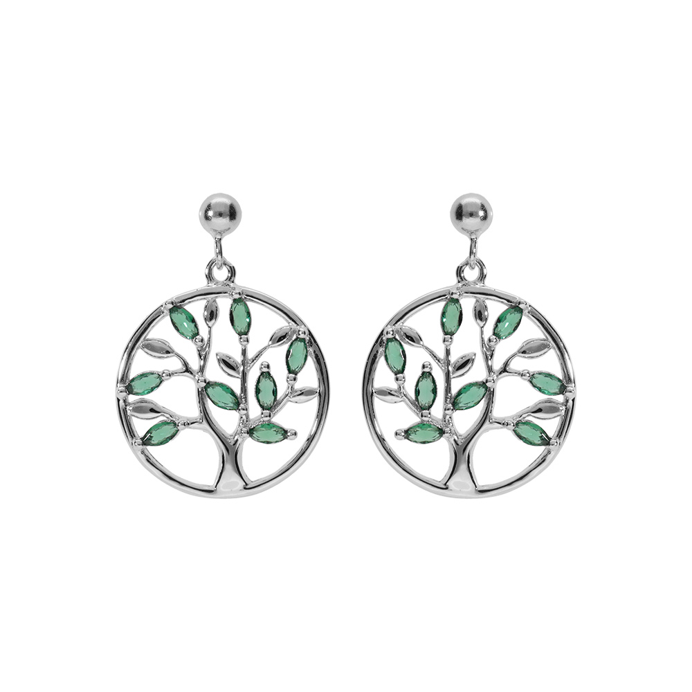 Boucles d\'oreille tige en argent rhodi� pendante motif cercle arbre de vie avec oxydes vert - Vue 1