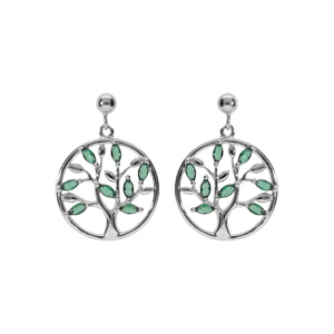 Boucles d\'oreille tige en argent rhodi pendante motif cercle arbre de vie avec oxydes vert - Vue 1