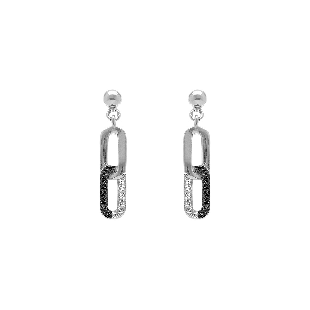 Boucles d\'oreille tige en argent rhodi� pendante 2 rectangles entrelac�s un lisse et un avec oxydes blancs et noirs sertis - Vue 1