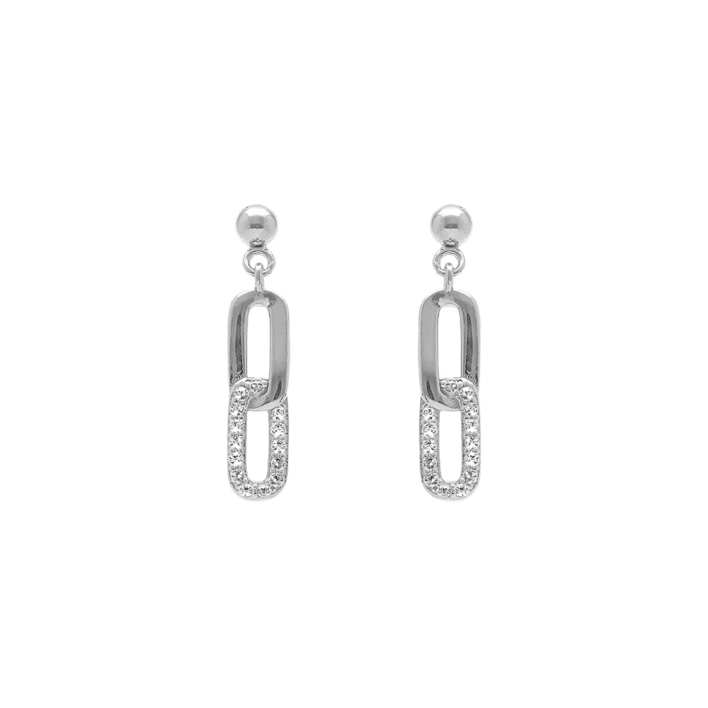 Boucles d\'oreille tige en argent rhodi� pendante 2 rectangles entrelac�s un lisse et un avec oxydes blancs sertis - Vue 1