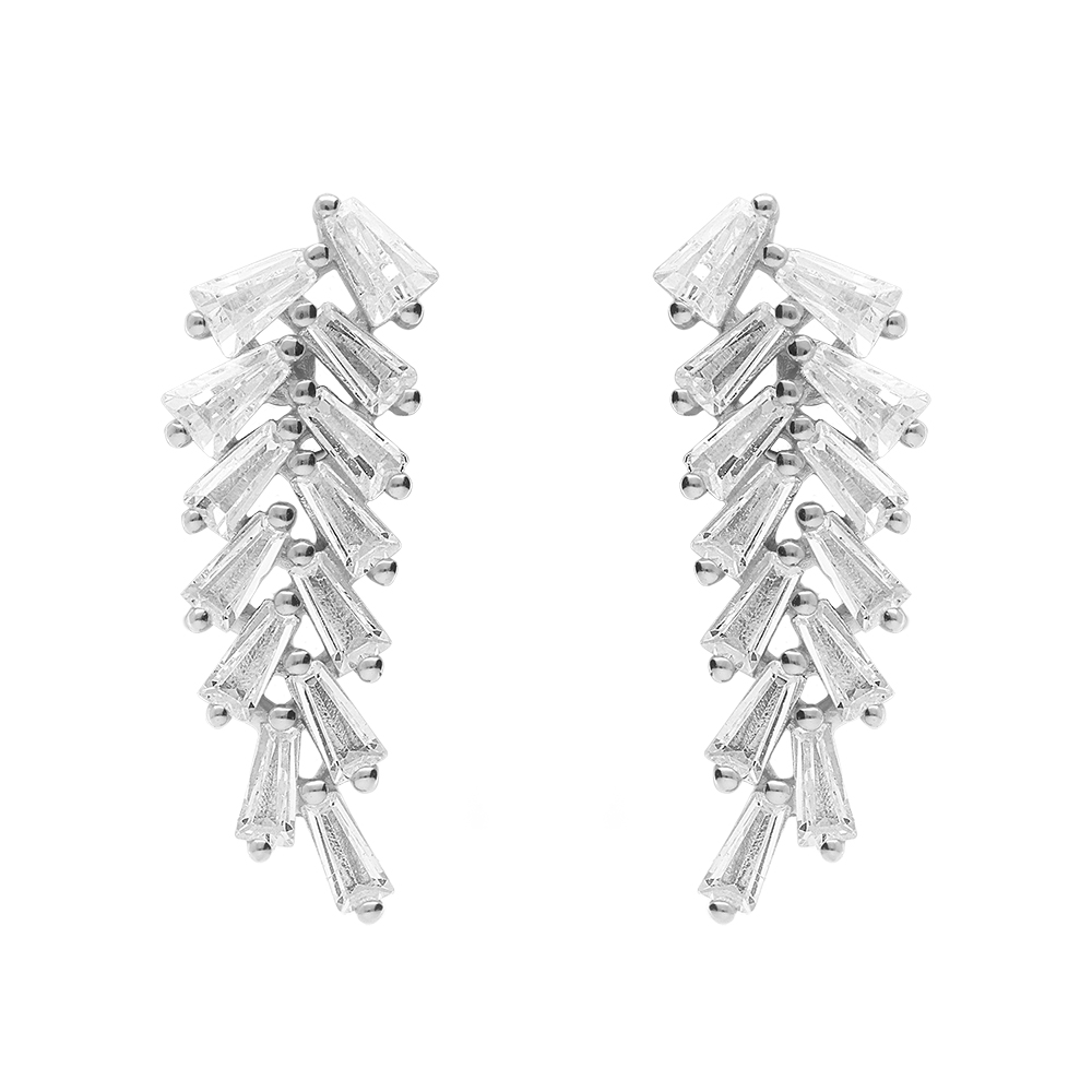 Boucles d\'oreille tige en argent rhodi� pendantes feuillage avec navettes d\'oxydes blancs sertis - Vue 1