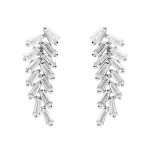 Boucles d'oreille tige en argent rhodi� pendantes feuillage avec navettes d'oxydes blancs sertis