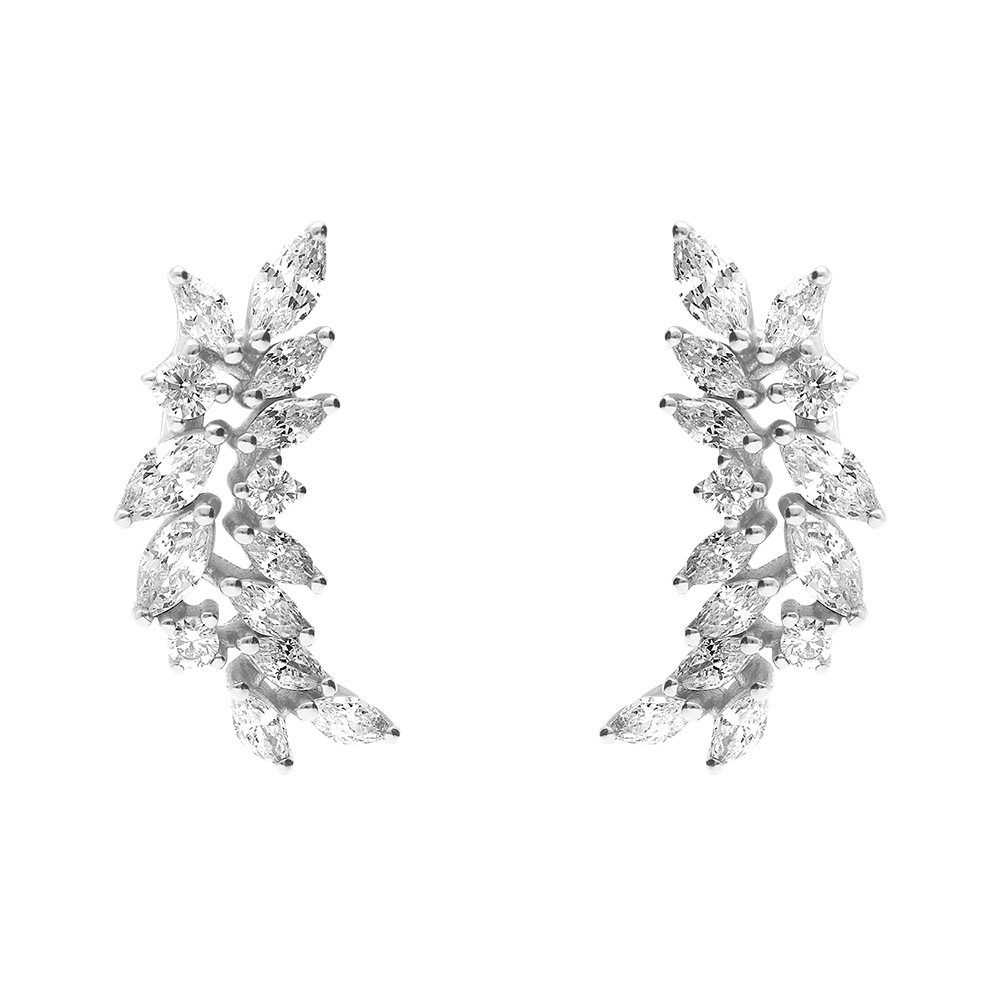 Boucles d\'oreille tige en argent rhodi� pendantes feuillage d\'oxydes blancs sertis - Vue 1
