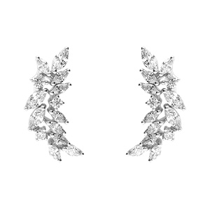 Boucles d'oreille tige en argent rhodi� pendantes feuillage d'oxydes blancs sertis