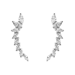 Boucles d'oreille tige en argent rhodi� pendantes l�g�rement incurv�es par�es d'oxydes blancs sertis