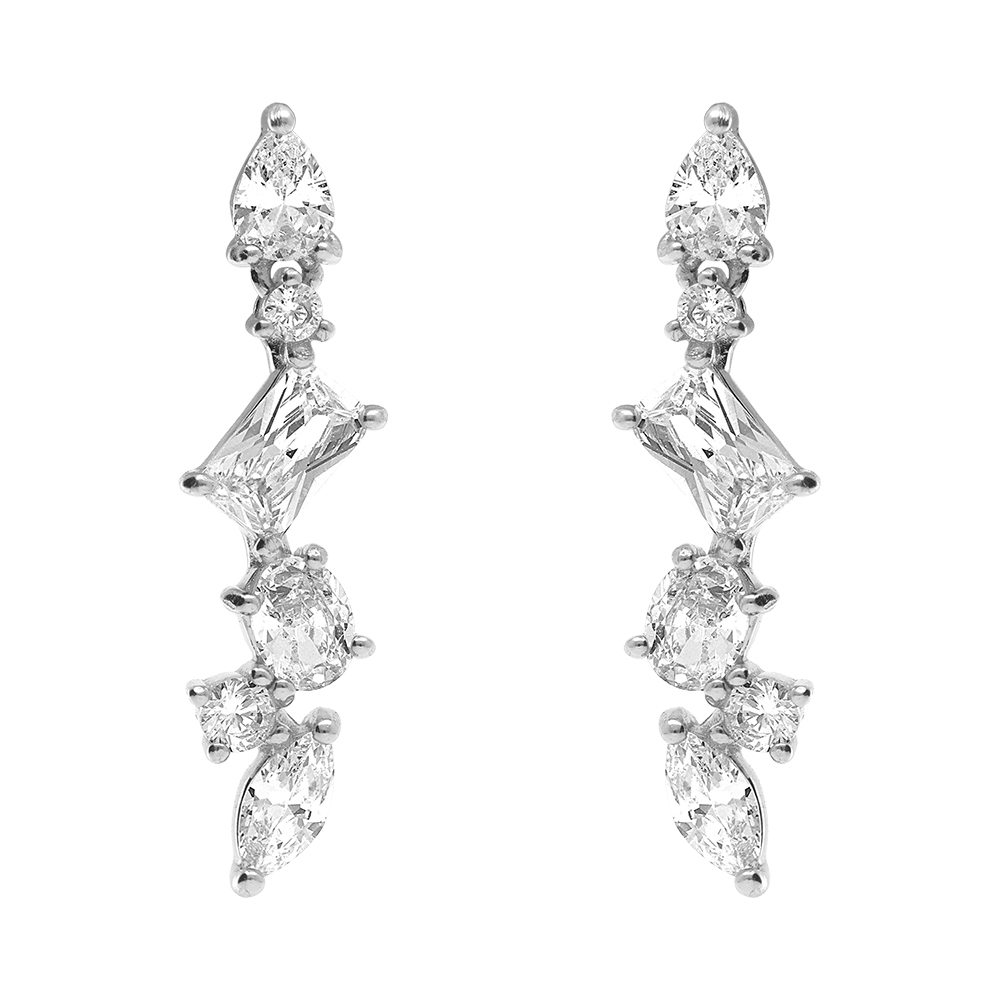 Boucles d\'oreille tige en argent rhodi� pendantes quatre oxydes blancs sertis - Vue 1