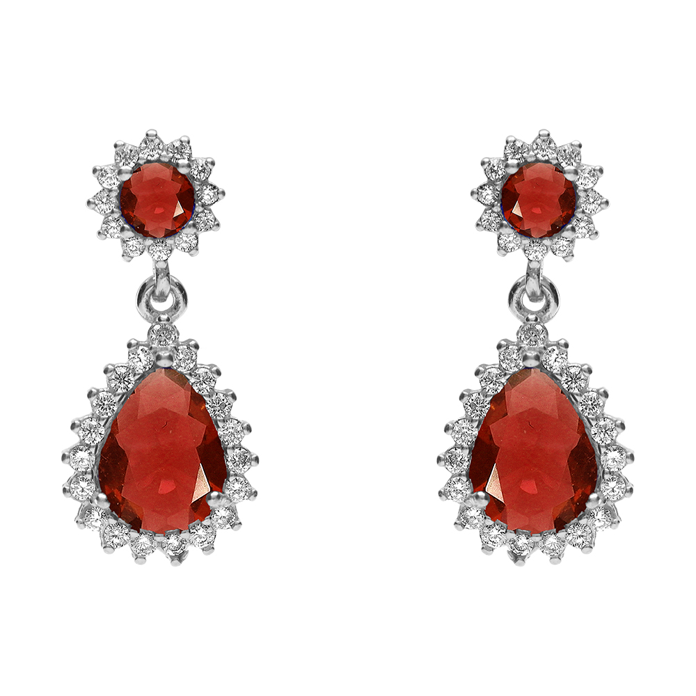 Boucles d\'oreille tige en argent rhodi� pendentif goutte d\'oxydes rouge et contour d\'oxydes blancs sertis - Vue 1