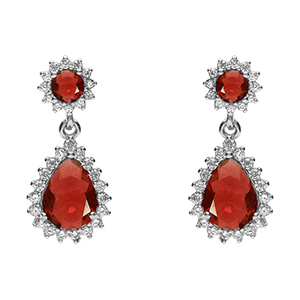 Boucles d'oreille tige en argent rhodi� pendentif goutte d'oxydes rouge et contour d'oxydes blancs sertis
