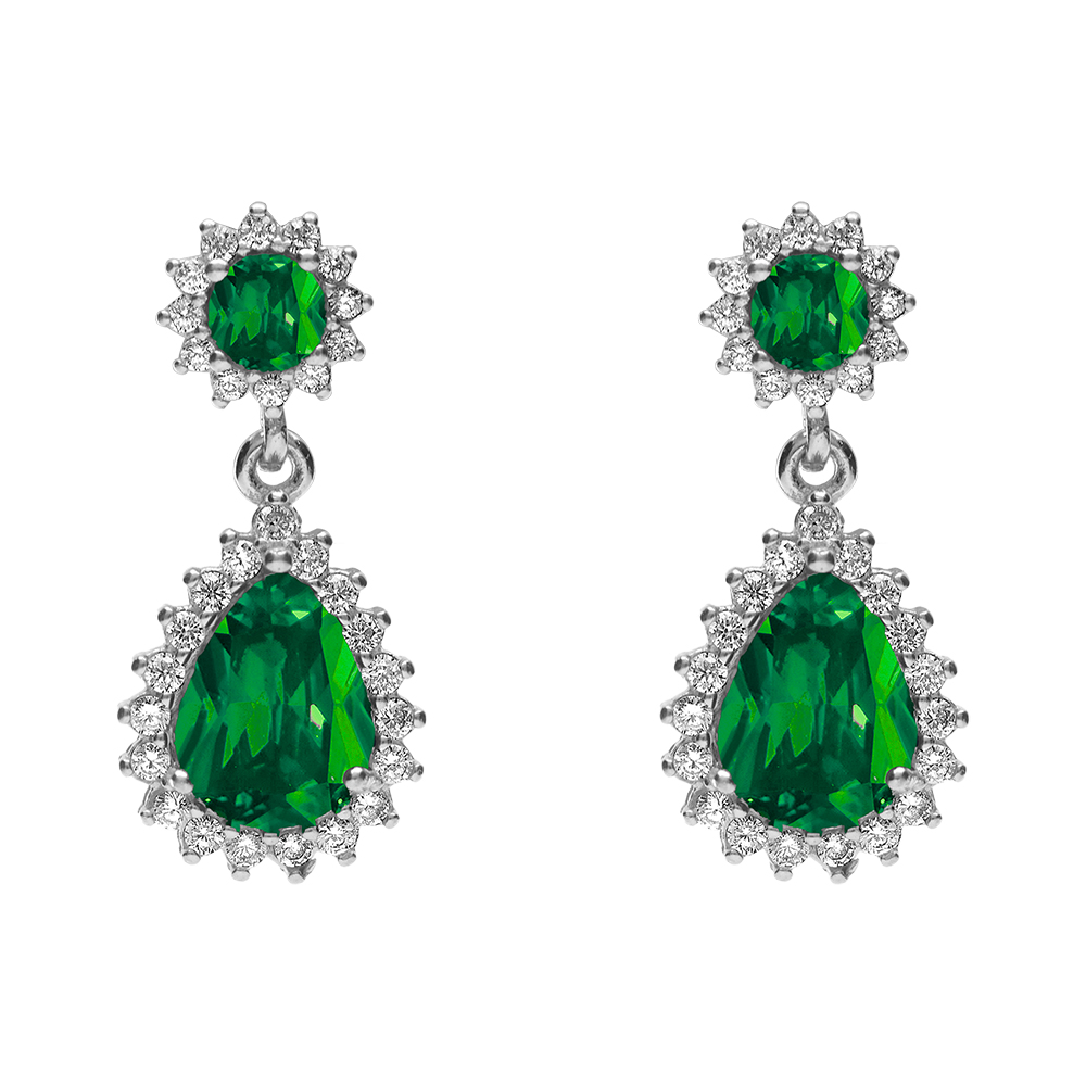 Boucles d\'oreille tige en argent rhodi pendentif goutte d\'oxydes vert et contour d\'oxydes blancs sertis - Vue 1