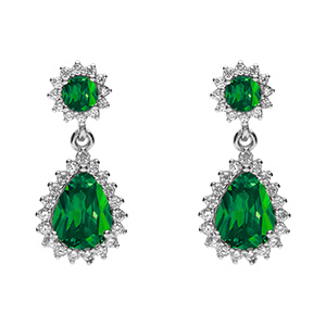 Boucles d'oreille tige en argent rhodi pendentif goutte d'oxydes vert et contour d'oxydes blancs sertis