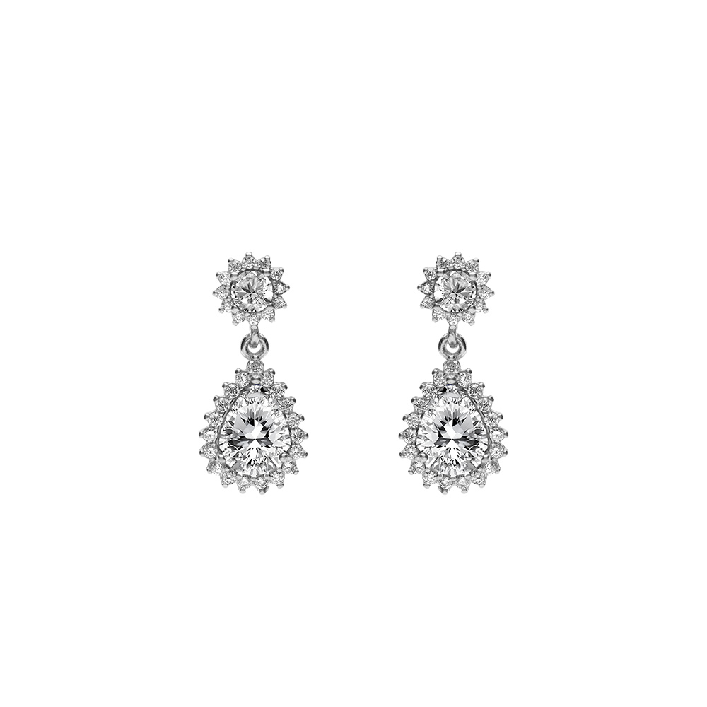 Boucles d\'oreille tige en argent rhodi� pendentif goutte oxydes blancs et contour oxydes blancs sertis - Vue 1
