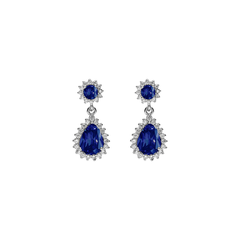 Boucles d\'oreille tige en argent rhodi� pendentif goutte oxydes bleu et contour oxydes blancs sertis - Vue 1