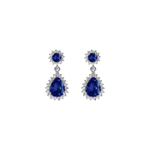 Boucles d\'oreille tige en argent rhodié pendentif goutte oxydes bleu et contour oxydes blancs sertis - Vue 1
