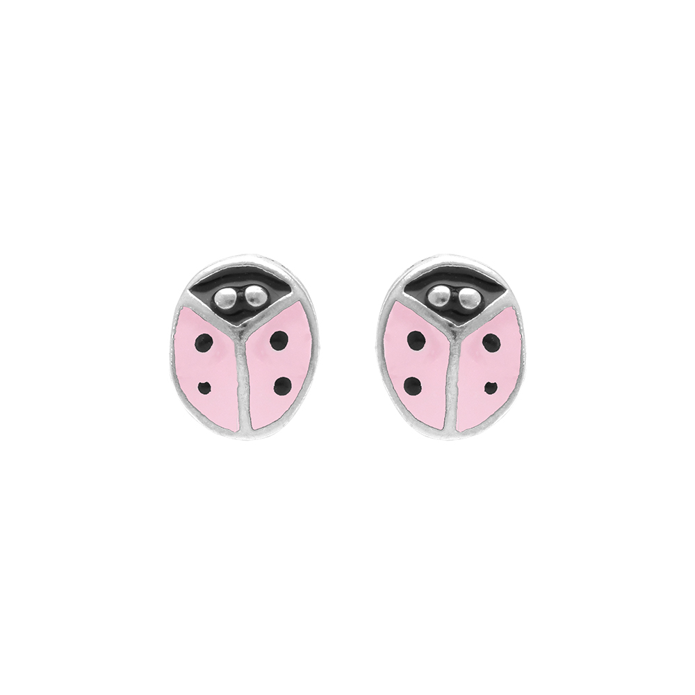 Boucles d\'oreille tige en argent rhodi� puce coccinelle rose - Vue 1