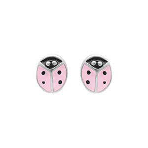 Boucles d'oreille tige en argent rhodi puce coccinelle rose