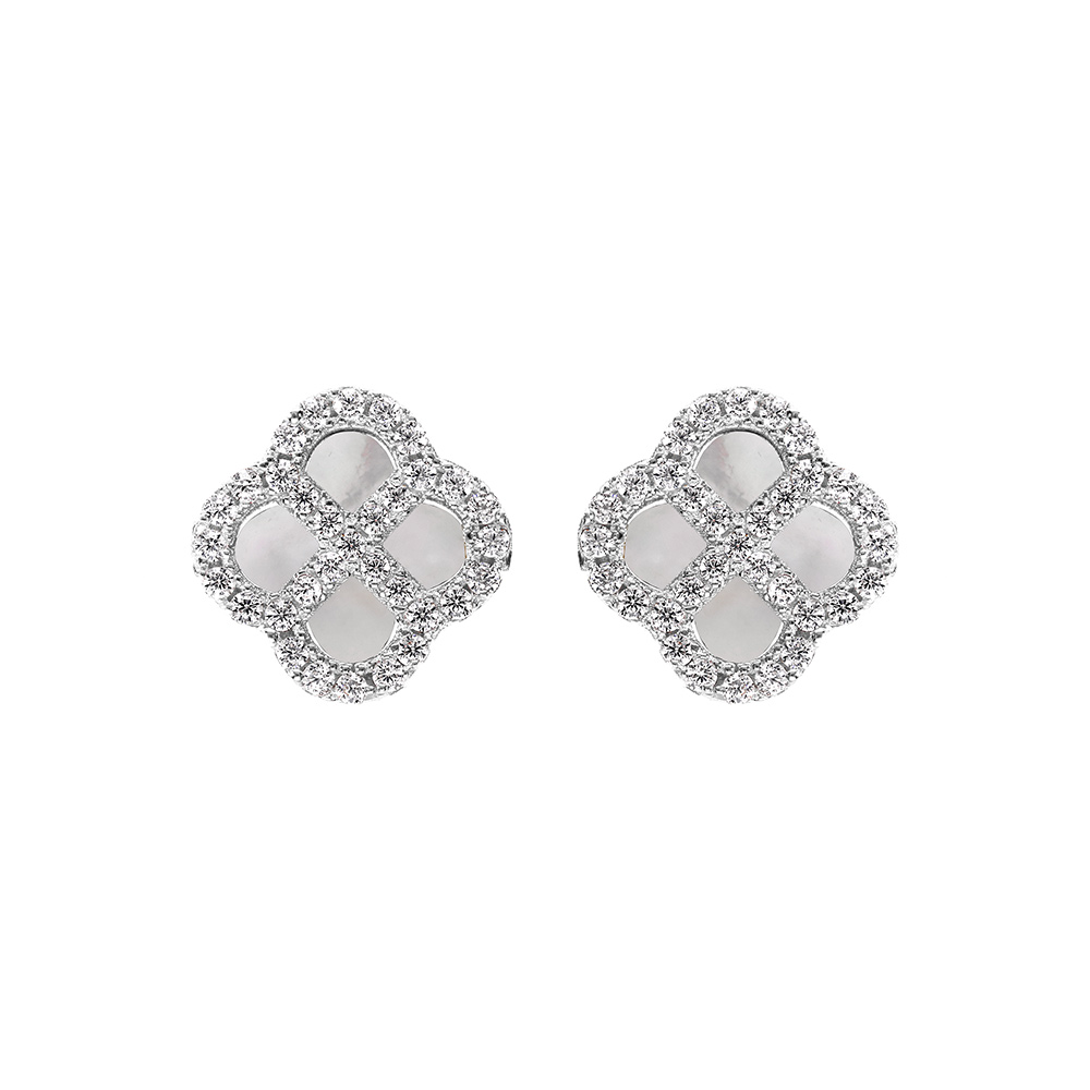 Boucles d\'oreille tige en argent rhodi trfle agate blanche vritable avec contour d\'oxydes blancs - Vue 1