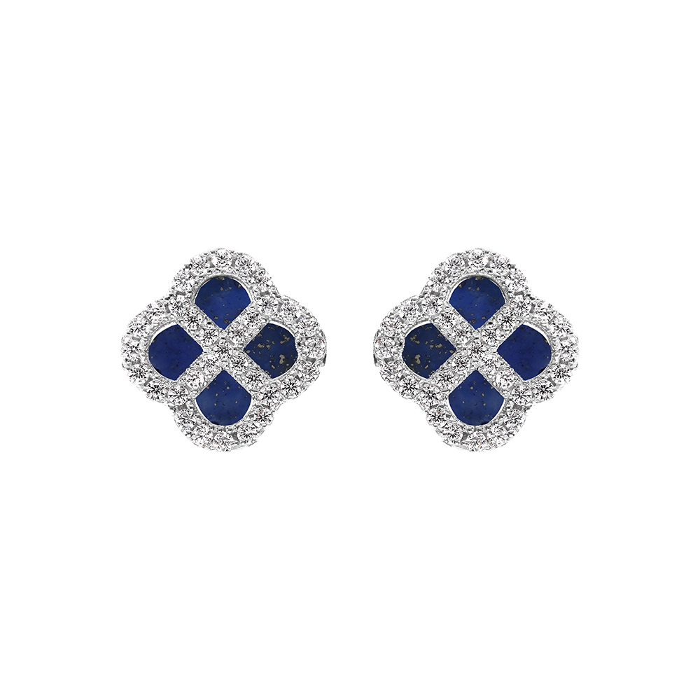 Boucles d\'oreille tige en argent rhodi� tr�fle agate bleu fonc� v�ritable avec contour d\'oxydes blancs - Vue 1