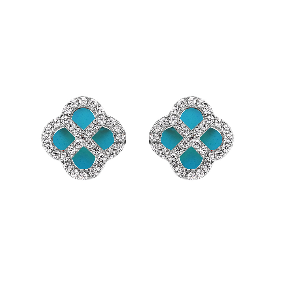 Boucles d\'oreille tige en argent rhodi� tr�fle agate bleu turquoise v�ritable avec contour d\'oxydes blancs - Vue 1