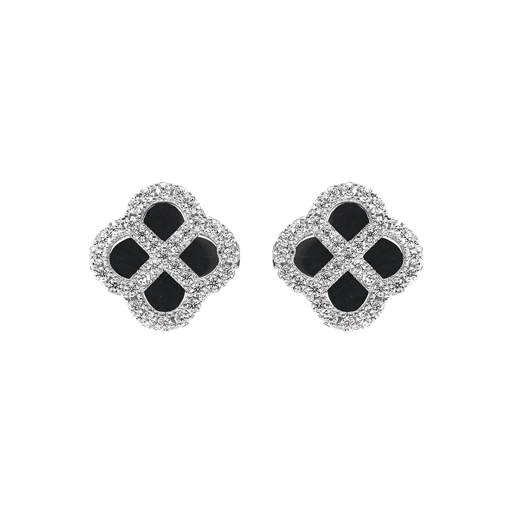 Boucles d\'oreille tige en argent rhodi� tr�fle agate noir v�ritable avec contour d\'oxydes blancs - Vue 1