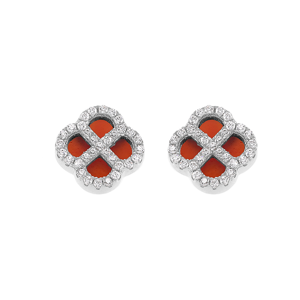 Boucles d\'oreille tige en argent rhodi� tr�fle agate rouge v�ritable avec contour d\'oxydes blancs - Vue 1