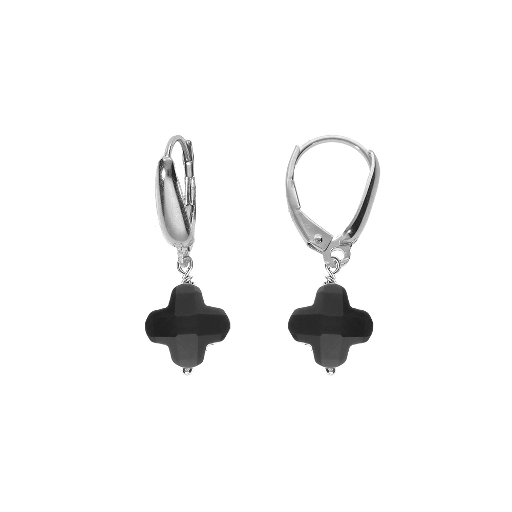 Boucles d\'oreille tige en argent rhodi� tr�fle en verre facet� noir - Vue 1