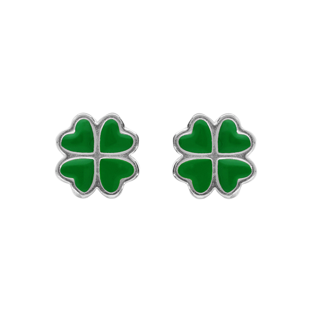 Boucles d\'oreille tige en argent rhodi� tr�fle r�sine verte - Vue 1