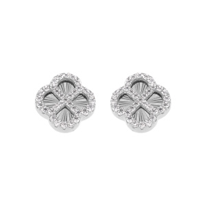 Boucles d\'oreille tige en argent rhodié trèfle sur fond diamanté avec contour d\'oxydes blancs - Vue 1