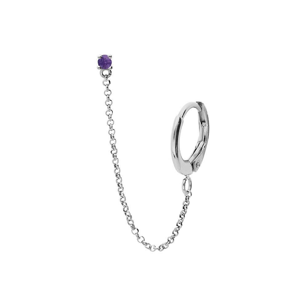 Boucles d\'oreille tige en argent rhodi un oxyde violet serti chanette et crole sur lobe (2 trous) - Vue 1