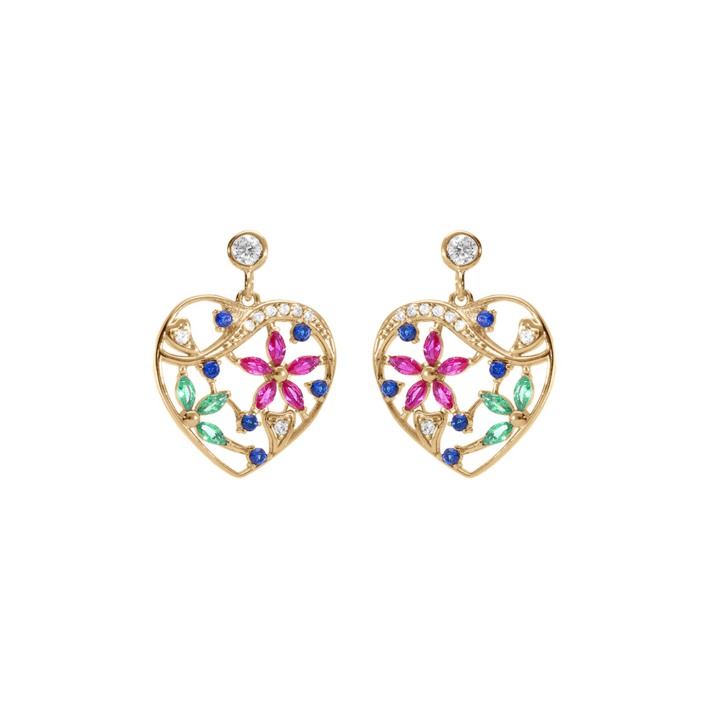 Boucles d\'oreille tige en plaqu� or coeur avec fleurs d\'oxydes multi couleurs - Vue 1