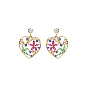 Boucles d\'oreille tige en plaqué or coeur avec fleurs d\'oxydes multi couleurs - Vue 1