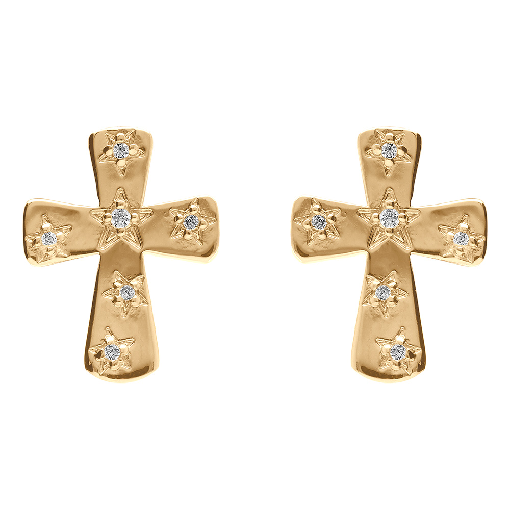 Boucles d\'oreille tige en plaqu� or croix avec oxydes blancs - Vue 1