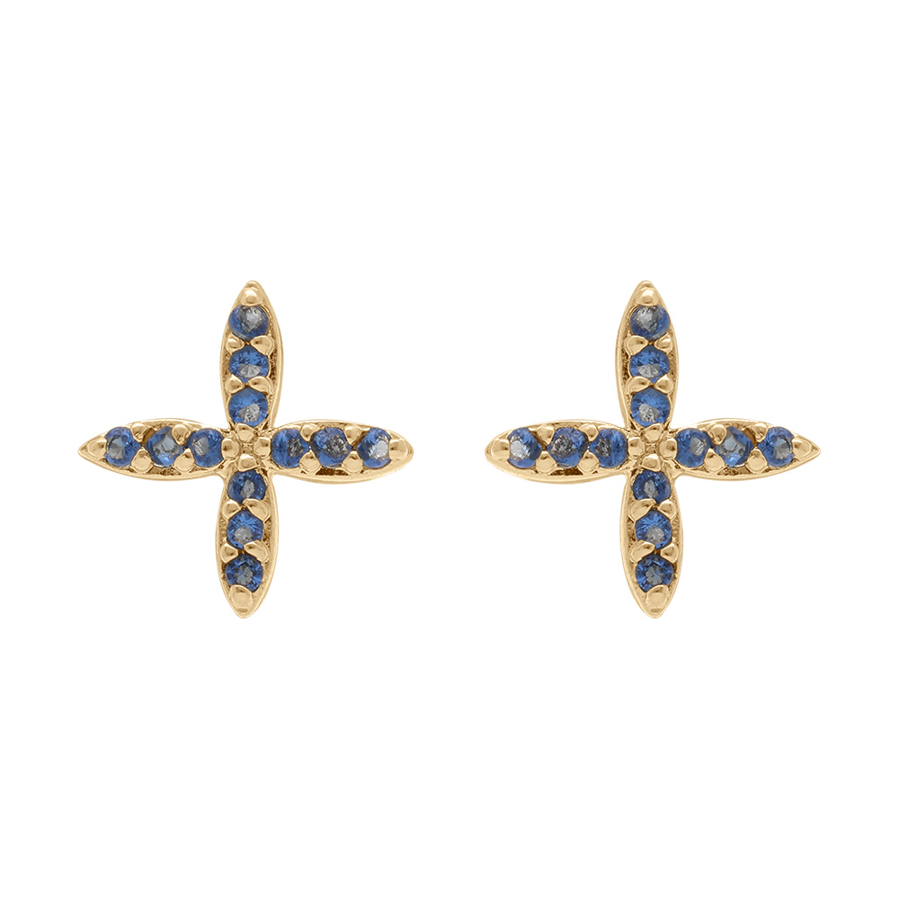 Boucles d\'oreille tige en plaqu� or croix orn�e d\'oxydes bleus - Vue 1