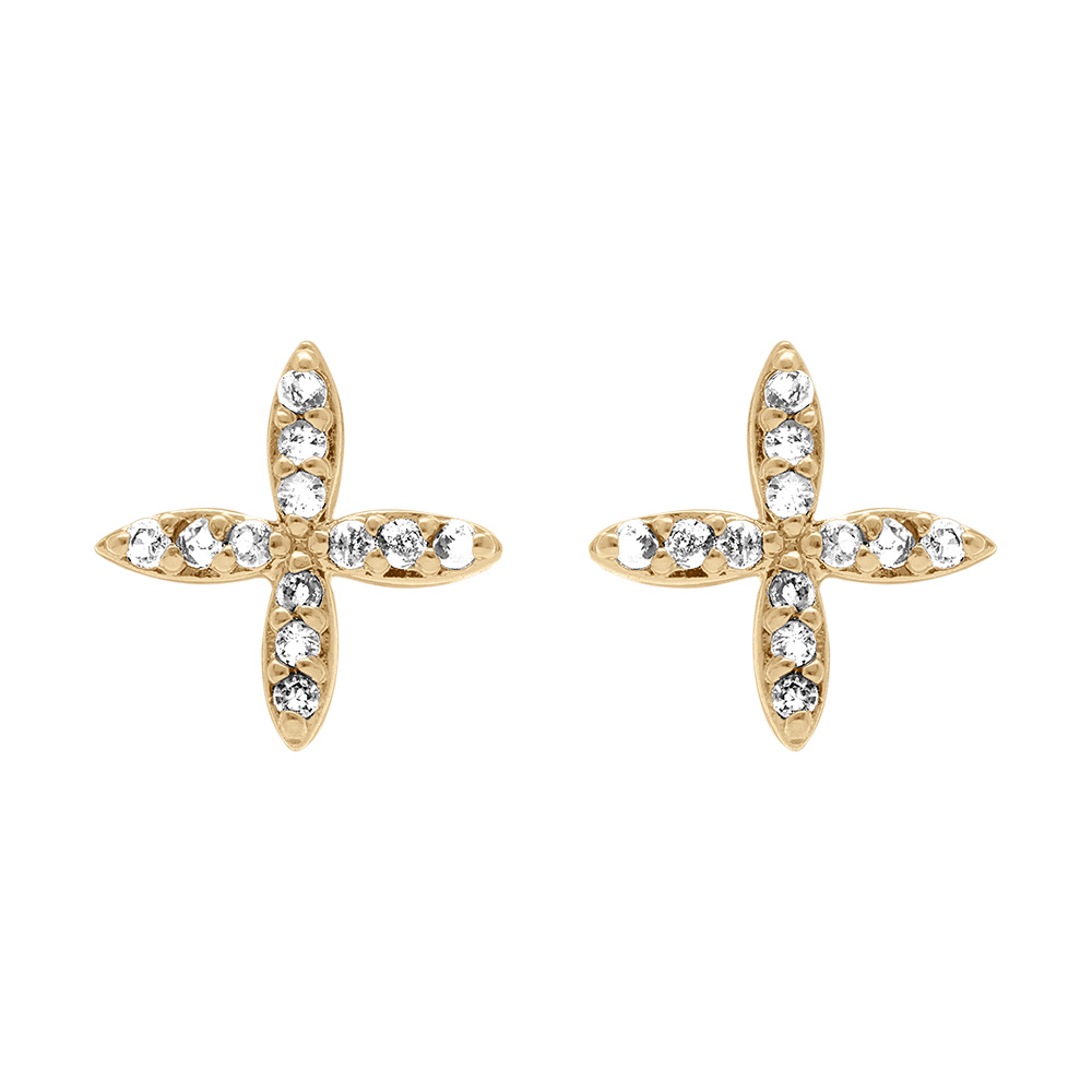 Boucles d\'oreille tige en plaqu� or croix orn�e d\' oxydes blancs - Vue 1