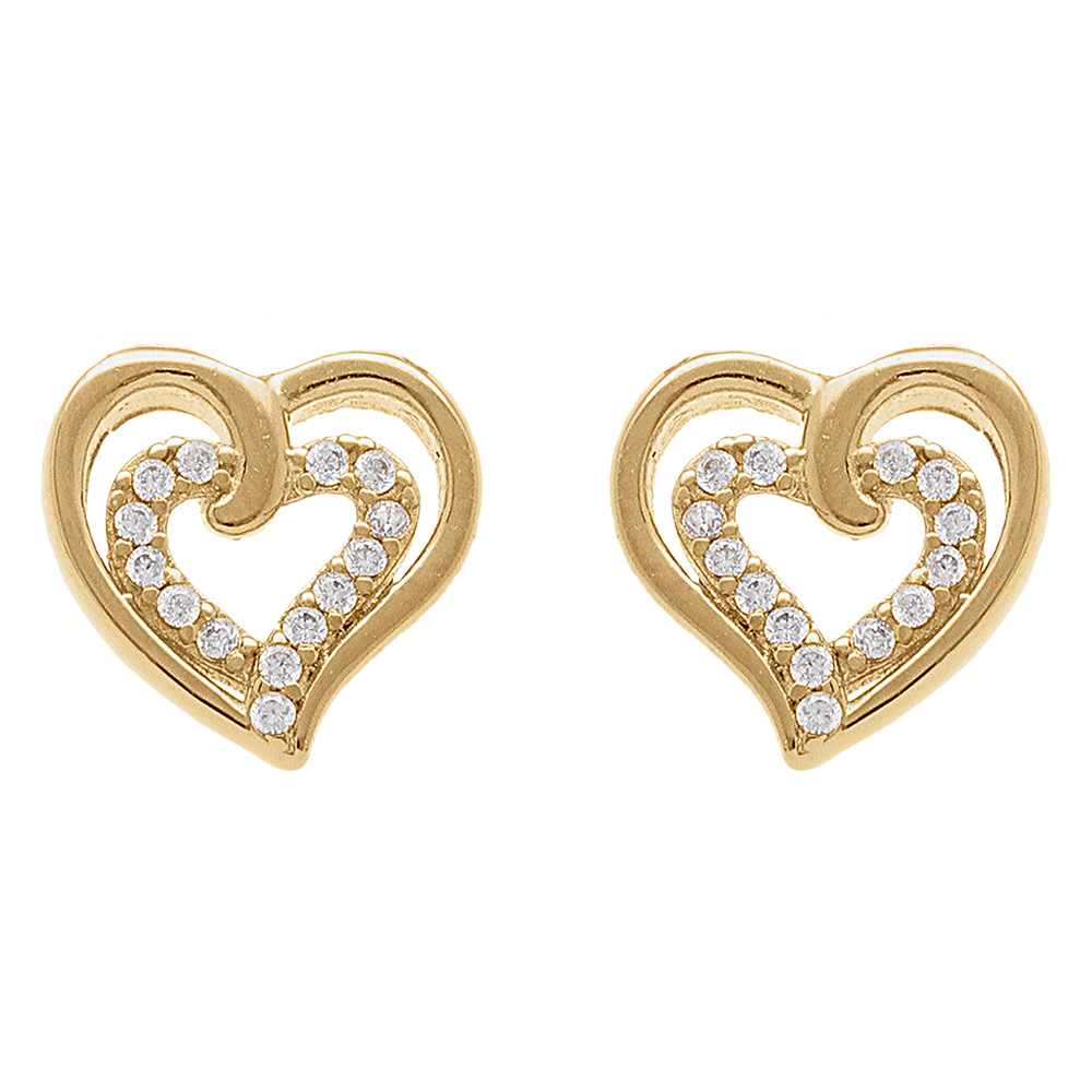 Boucles d\'oreille tige en plaqu� or double coeur et oxydes blancs - Vue 1