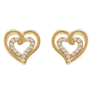 Boucles d'oreille tige en plaqu� or double coeur et oxydes blancs