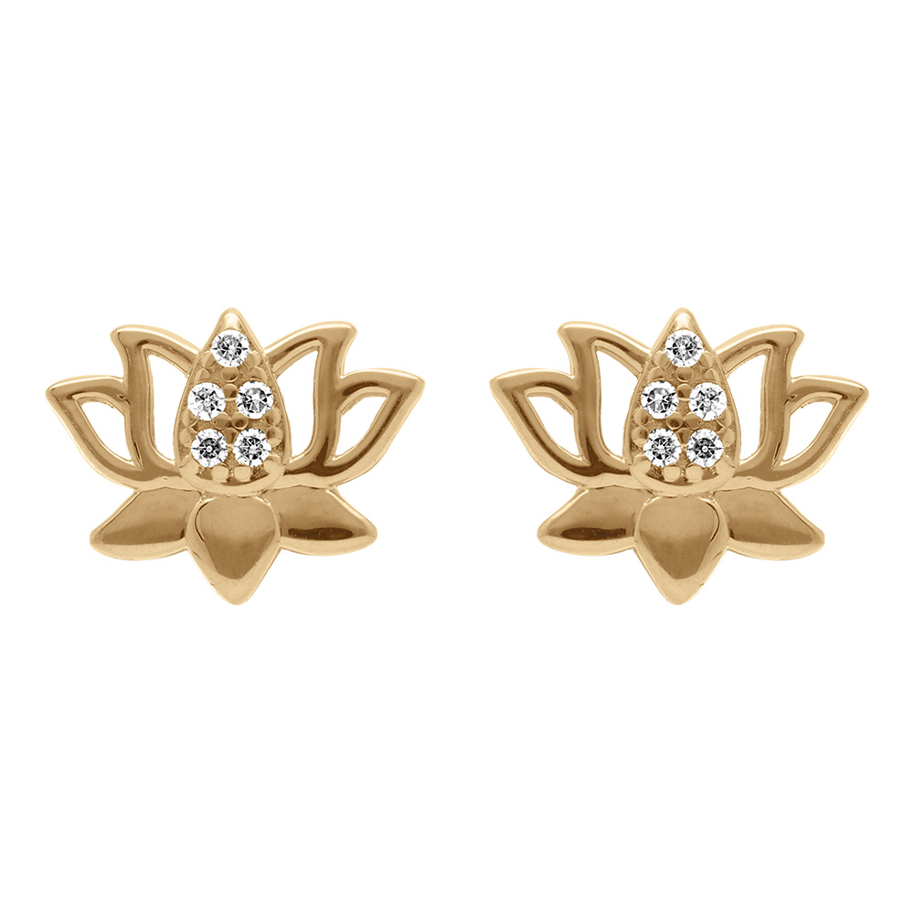 Boucles d\'oreille tige en plaqu� or fleur de lotus et oxydes blancs - Vue 1