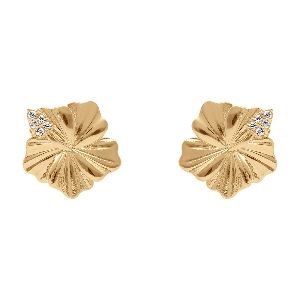 Boucles d\'oreille tige en plaqu� or fleur hibiscus et oxydes blancs - Vue 1