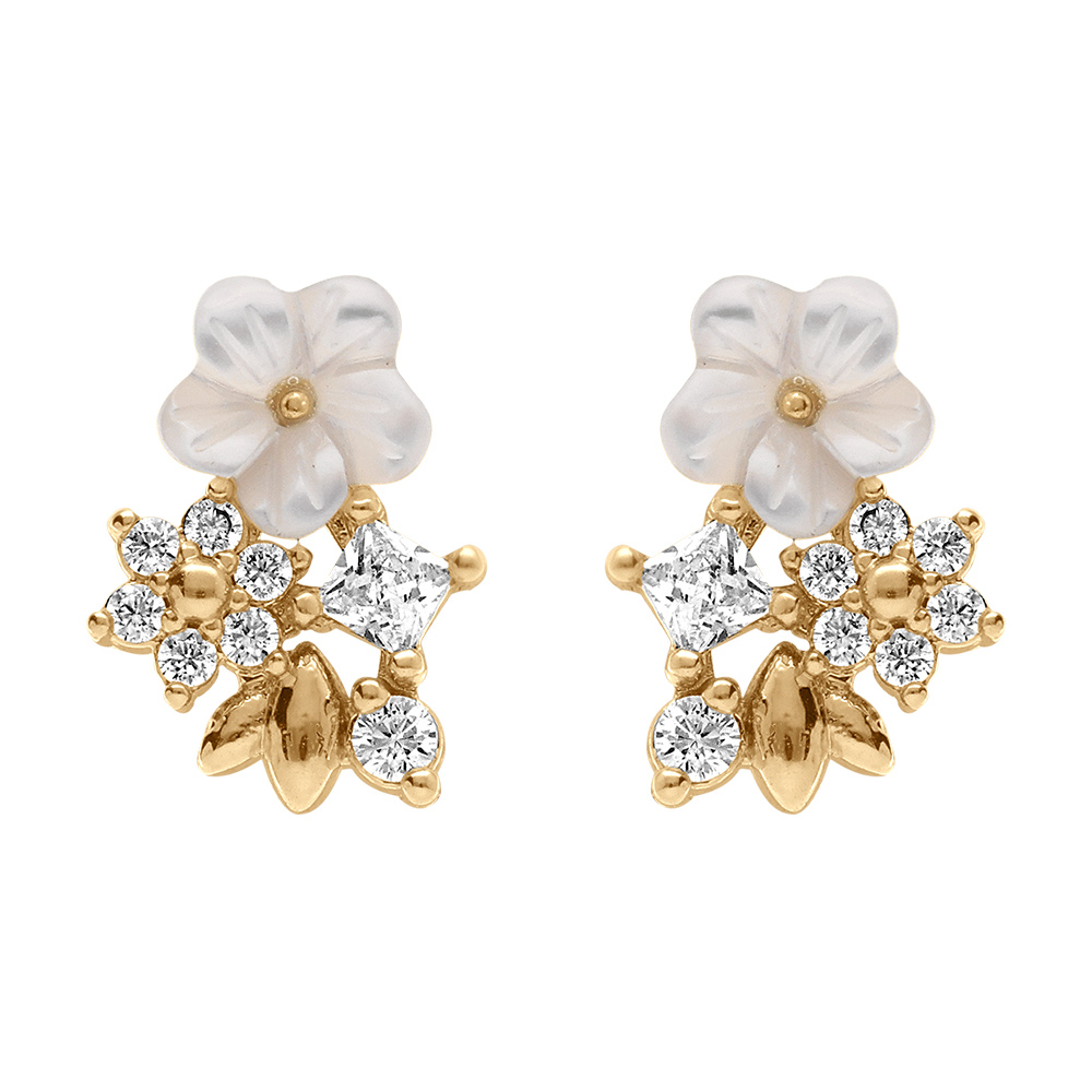 Boucles d\'oreille tige en  plaqu� or fleurs d\'oxydes blancs et sa fleur de nacre blanche - Vue 1