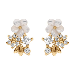 Boucles d'oreille tige en  plaqu� or fleurs d'oxydes blancs et sa fleur de nacre blanche