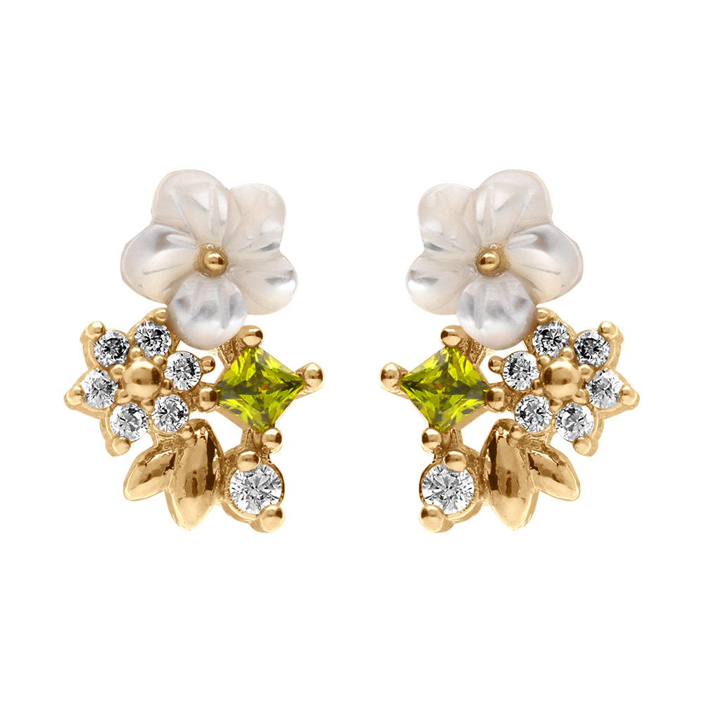 Boucles d\'oreille tige en plaqu� or fleurs d\'oxydes blancs et vert olive et sa fleur de nacre blanche - Vue 1