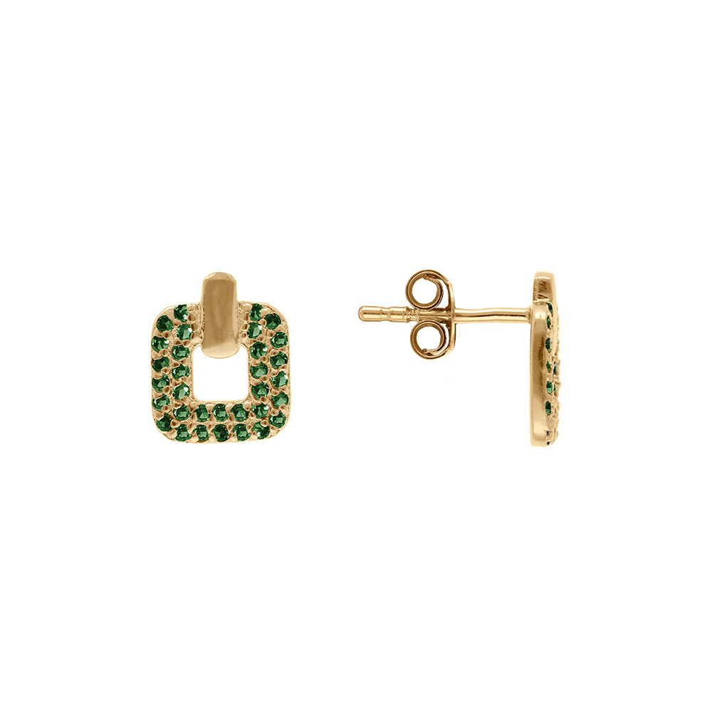 Boucles d\'oreille tige en plaqu or forme carre avec oxydes verts - Vue 1