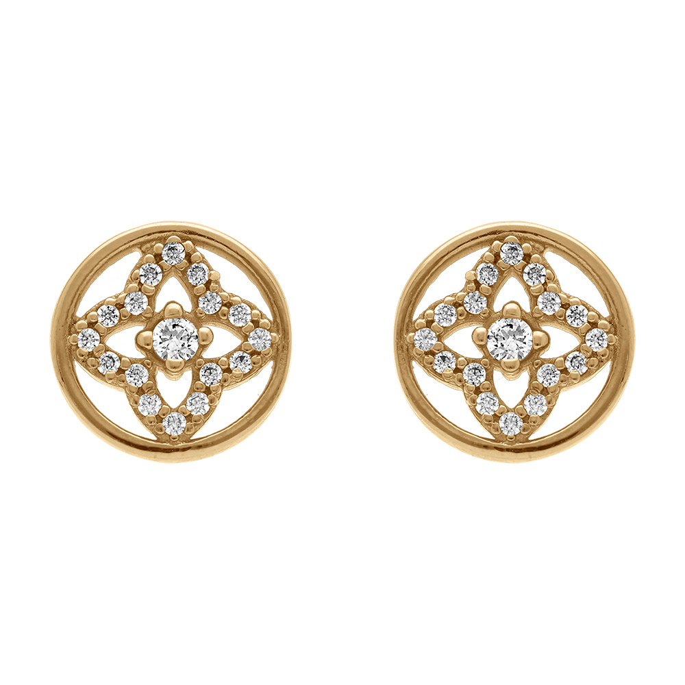 Boucles d\'oreille tige en plaqu� or forme cercle avec fleur d\'oxydes blancs - Vue 1