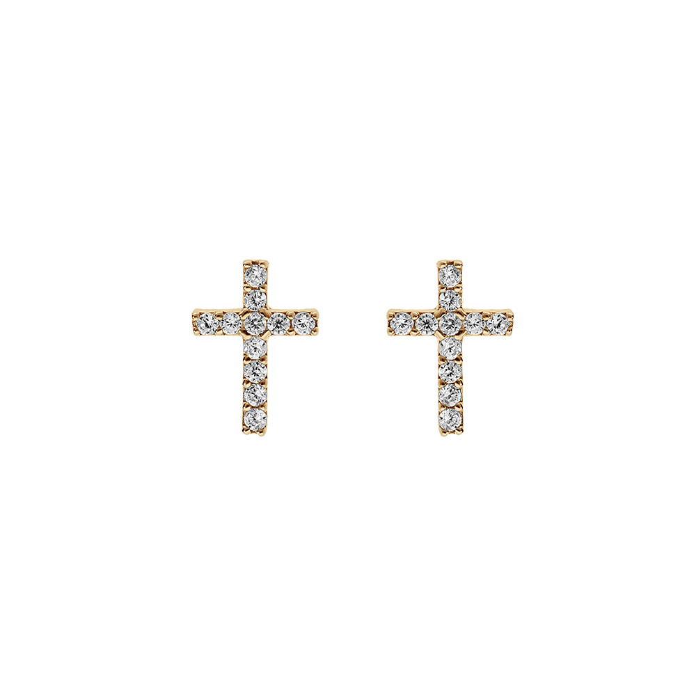 Boucles d\'oreille tige en plaqu�, or forme de croix avec oxydes blancs sertis - Vue 1