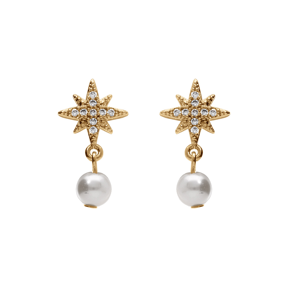 Boucles d\'oreille tige en plaqu or forme etoile oxydes blancs et perle blanche imitation - Vue 1