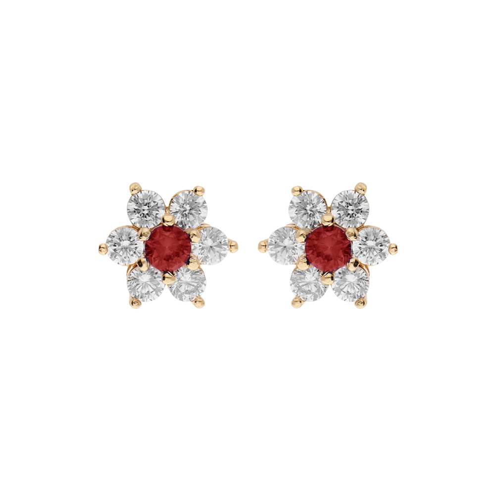 Boucles d\'oreille tige en plaqu or marguerite oxydes centre rouge et contour blancs sertis et fermoir poussette - Vue 1