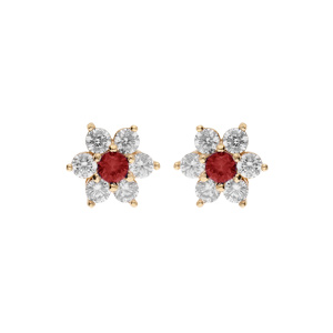 Boucles d\'oreille tige en plaqué or marguerite oxydes centre rouge et contour blancs sertis et fermoir poussette - Vue 1